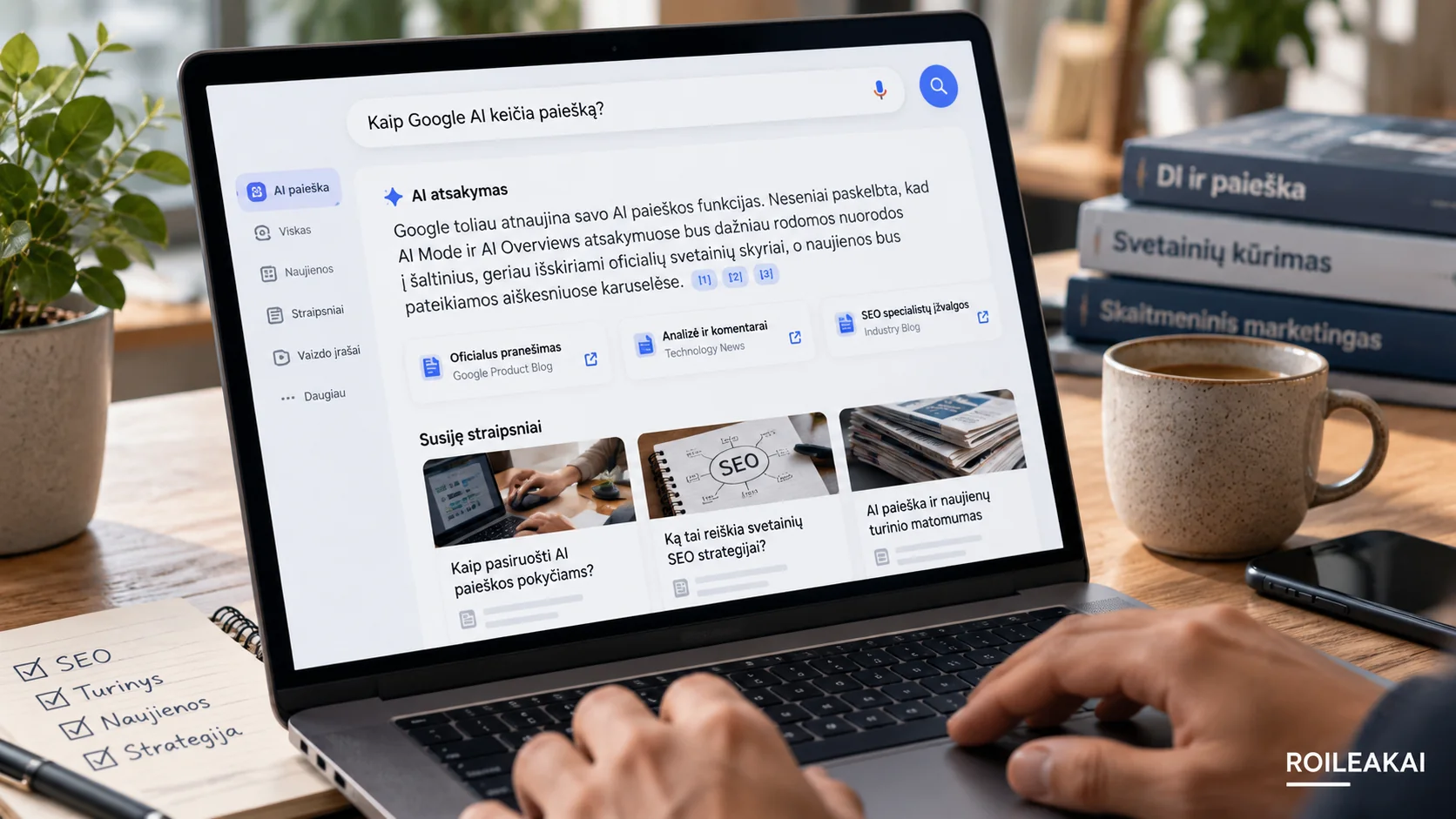 Google AI paieškos rezultato langas su šaltinių nuorodomis ir SEO analizės simboliais